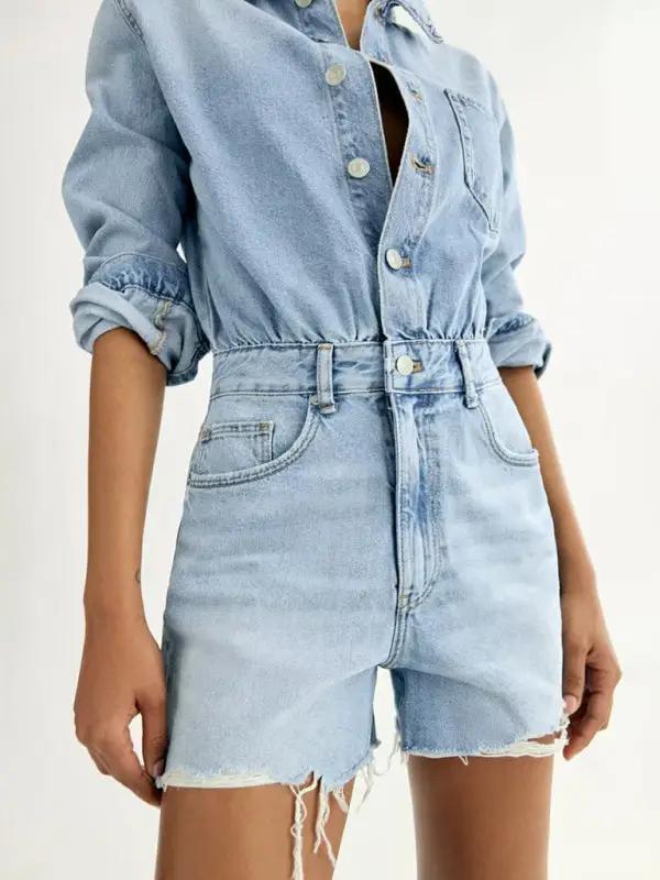 New Women's Denim Short Long Sleeve Lapel Women's Jumpsuit