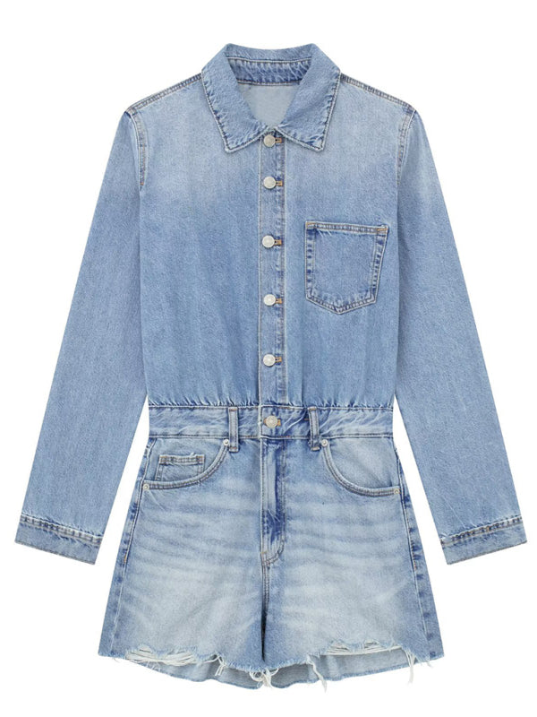 New Women's Denim Short Long Sleeve Lapel Women's Jumpsuit