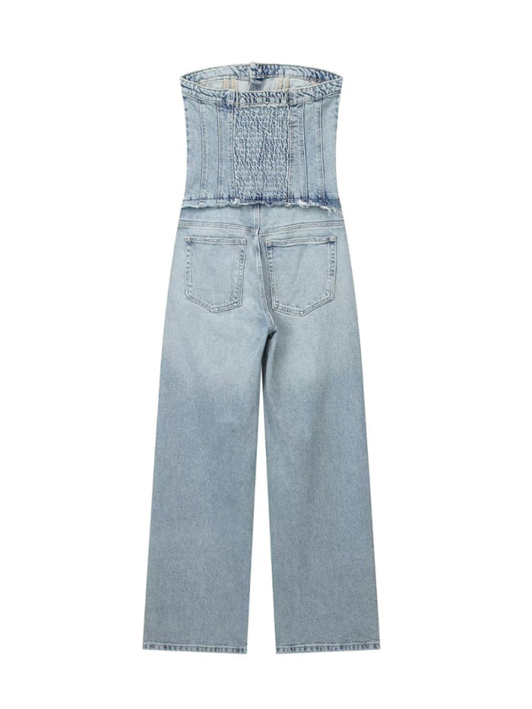 New women's retro hottie style tube top loose casual straight denim jumpsuit