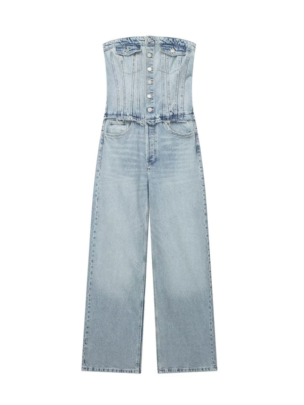 New women's retro hottie style tube top loose casual straight denim jumpsuit