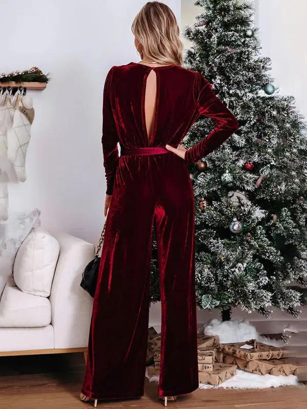 Women's Elegant Velvet Waist Straight Jumpsuit