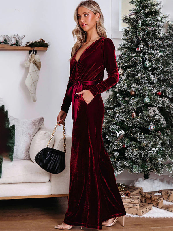 Women's Elegant Velvet Waist Straight Jumpsuit