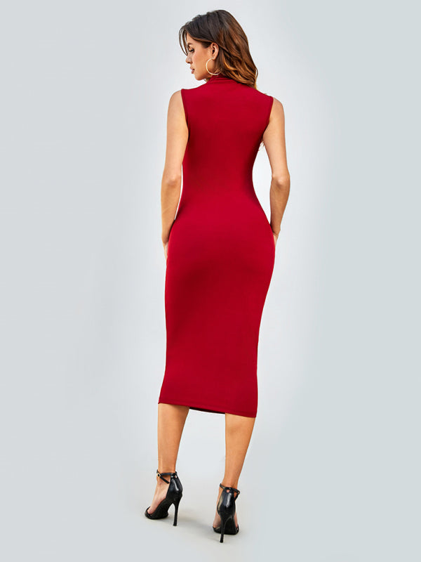 New women's simple round neck sleeveless hip-hugging tight dress