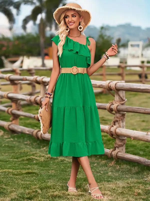 Women's one-shoulder solid color ruffled waist dress