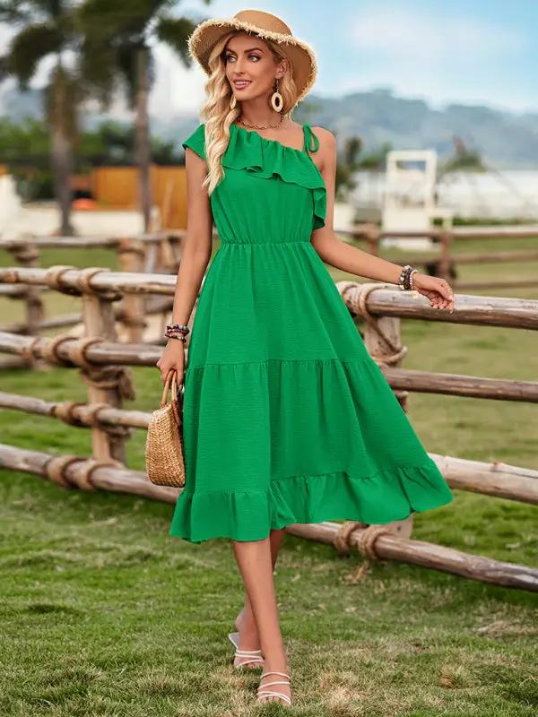 Women's one-shoulder solid color ruffled waist dress