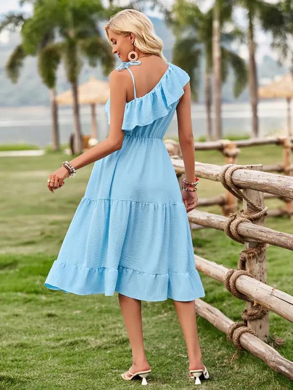 Women's one-shoulder solid color ruffled waist dress