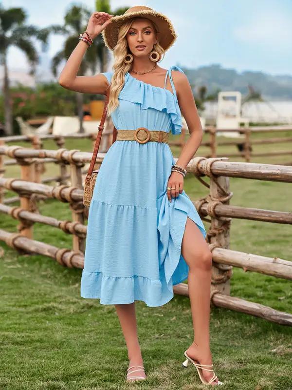 Women's one-shoulder solid color ruffled waist dress