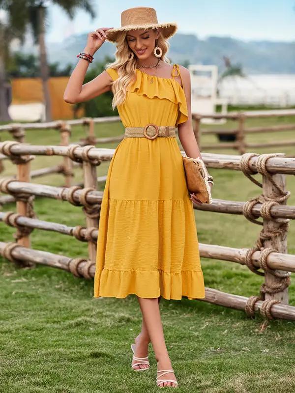 Women's one-shoulder solid color ruffled waist dress