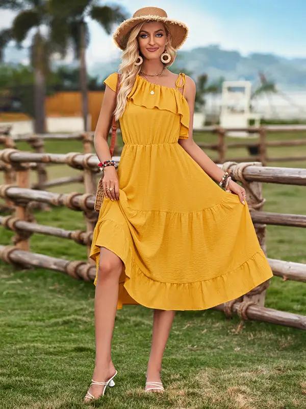 Women's one-shoulder solid color ruffled waist dress