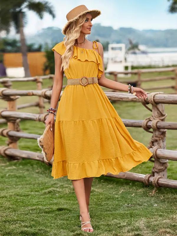 Women's one-shoulder solid color ruffled waist dress