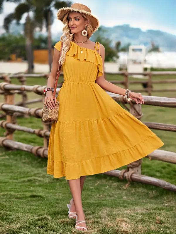 Women's one-shoulder solid color ruffled waist dress