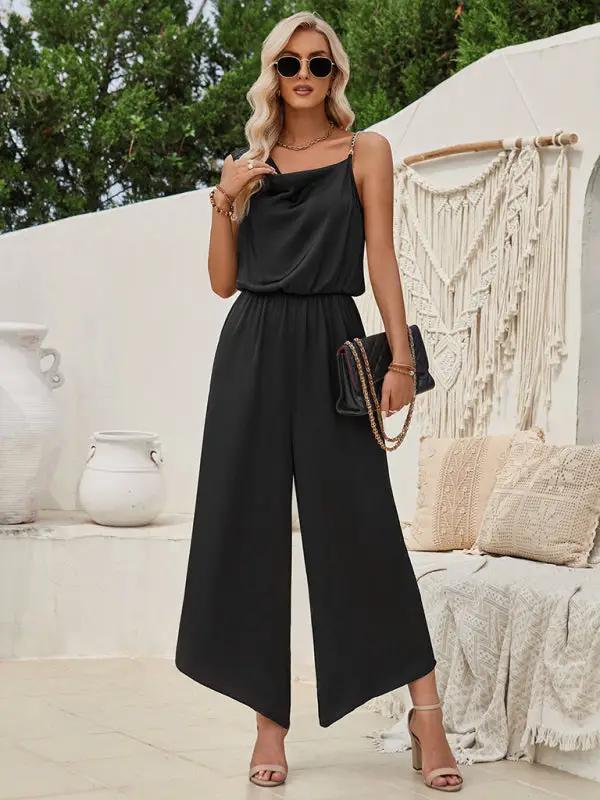 Women's solid color suspender waist wide leg jumpsuit