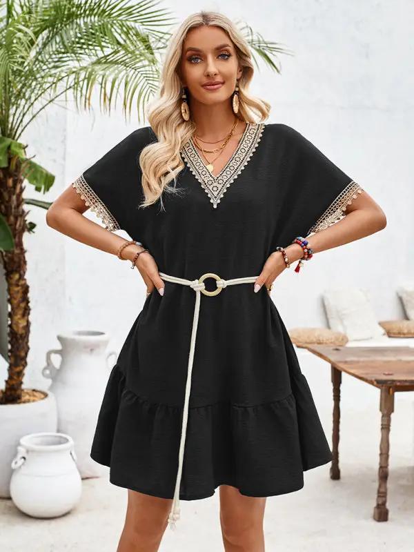 Women's V-neck lace belt waist casual dress