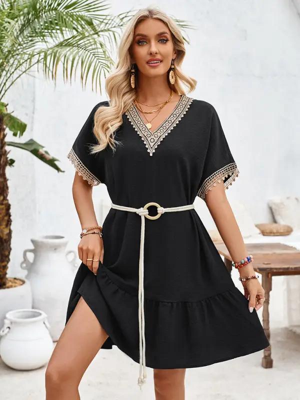 Women's V-neck lace belt waist casual dress