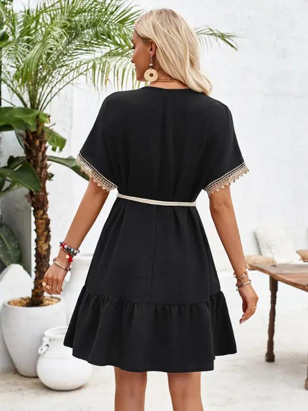 Women's V-neck lace belt waist casual dress