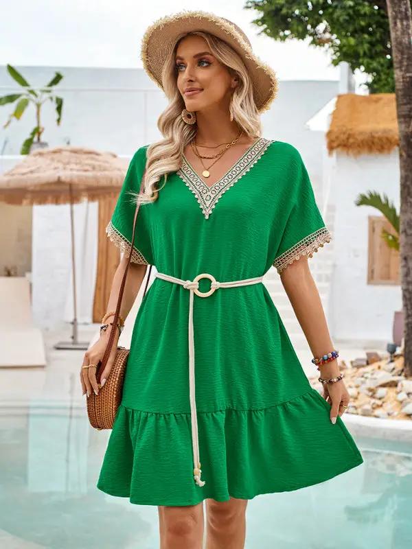 Women's V-neck lace belt waist casual dress