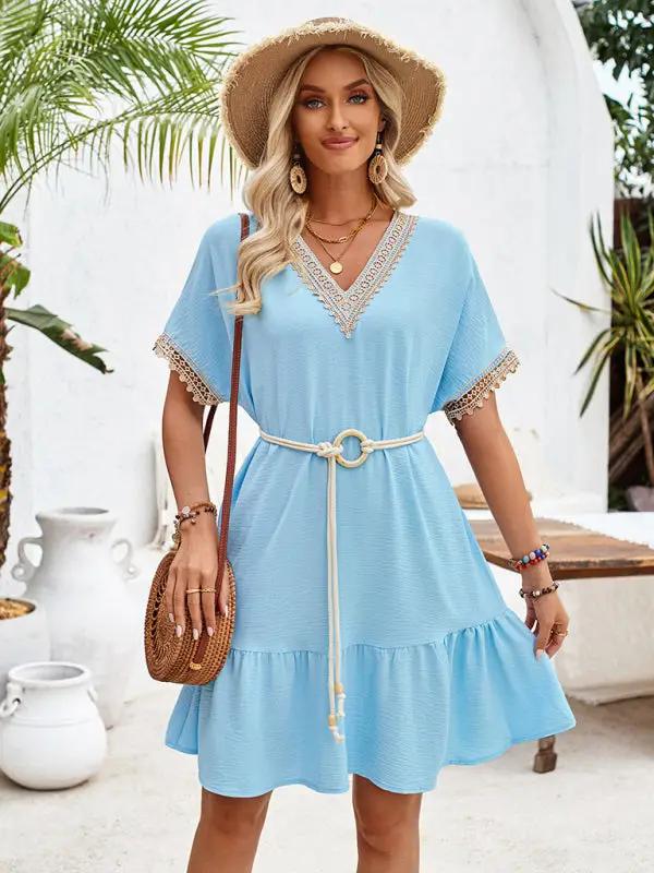 Women's V-neck lace belt waist casual dress