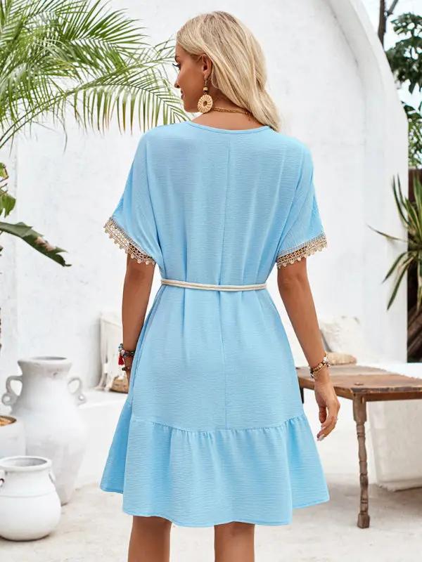 Women's V-neck lace belt waist casual dress