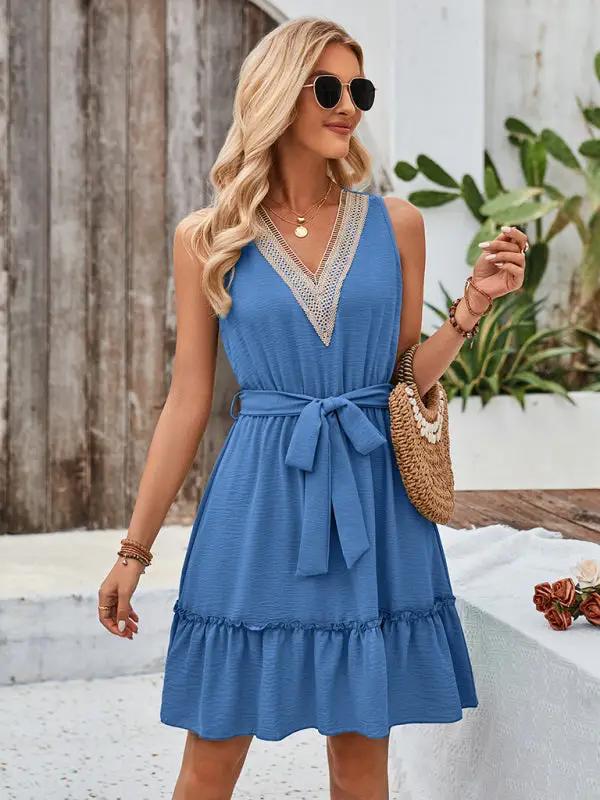 Women's solid color V-neck sleeveless lace waist dress