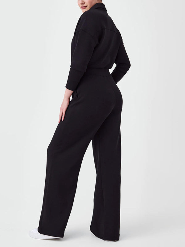 Women's long sleeve lapel zipper wide leg jumpsuit