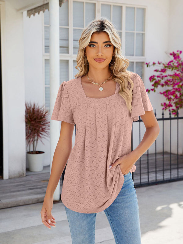 Women's Square Neck Bell Sleeve Pleated Short Sleeve Loose T-Shirt