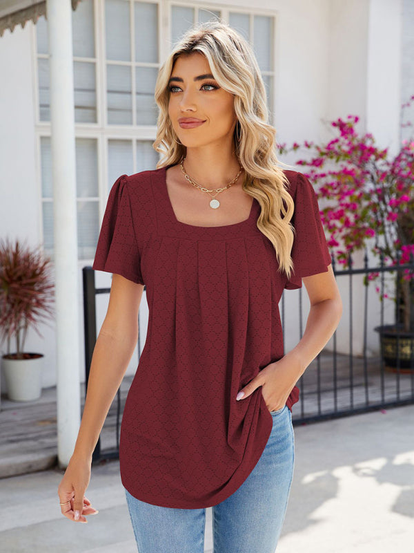 Women's Square Neck Bell Sleeve Pleated Short Sleeve Loose T-Shirt