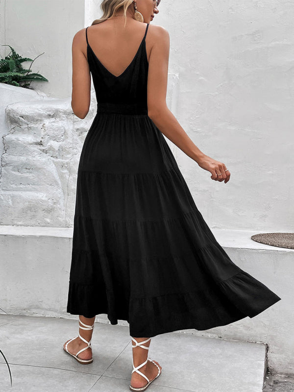 Women's new black suspender midi dress