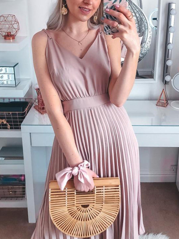 Women's loose and sexy V-neck pleated midi dress (belt not included)