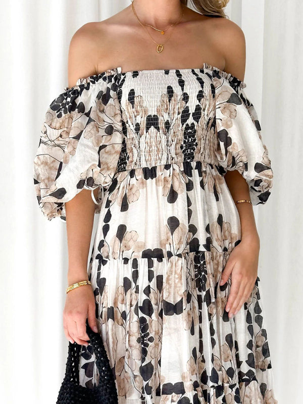 Women's Resort Style Puff Sleeve Printed French Cake Dress