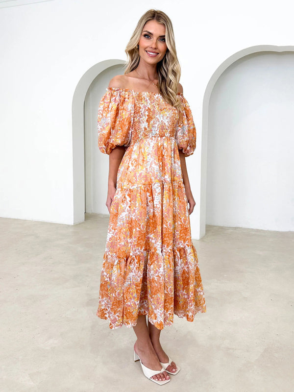 Women's Resort Style Puff Sleeve Printed French Cake Dress