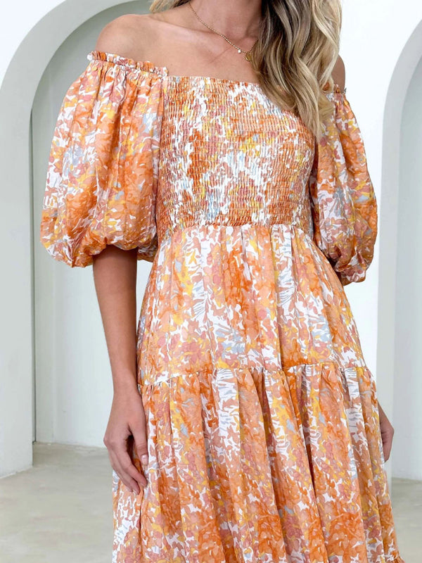 Women's Resort Style Puff Sleeve Printed French Cake Dress