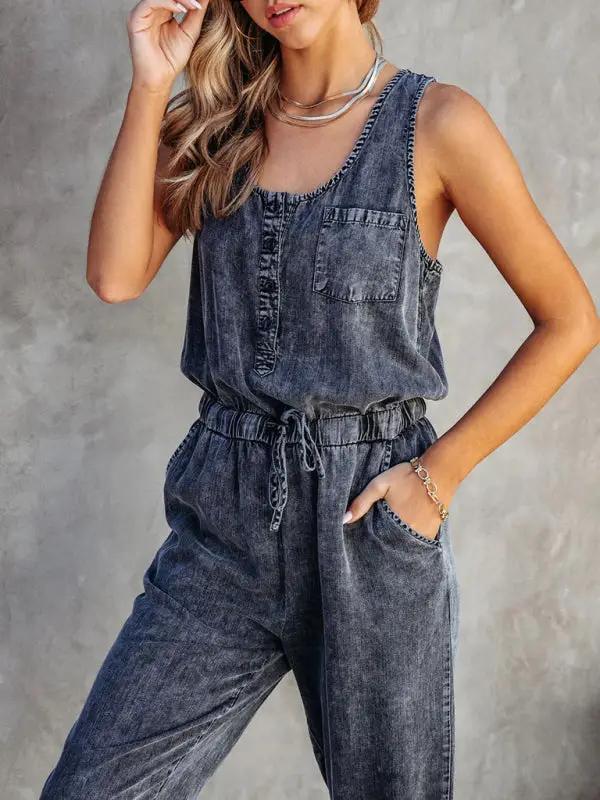 Ladies new casual style washed denim jumpsuit