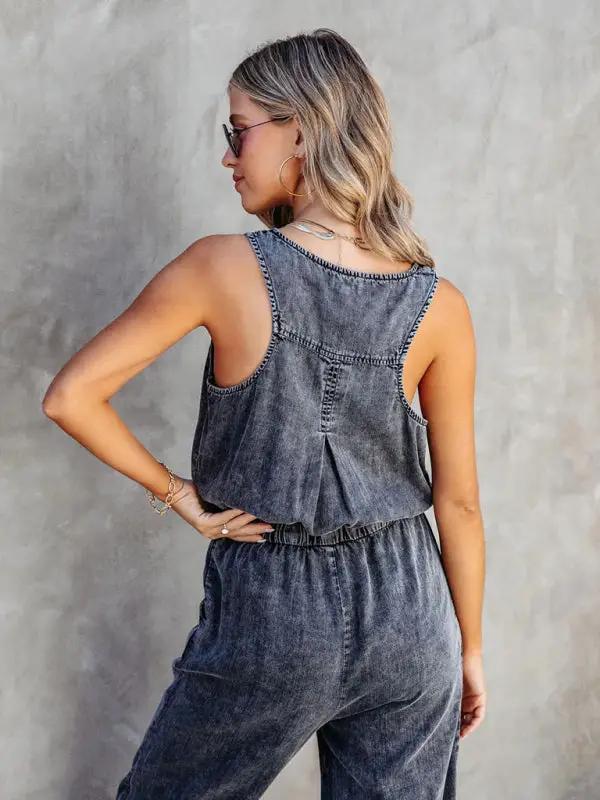 Ladies new casual style washed denim jumpsuit