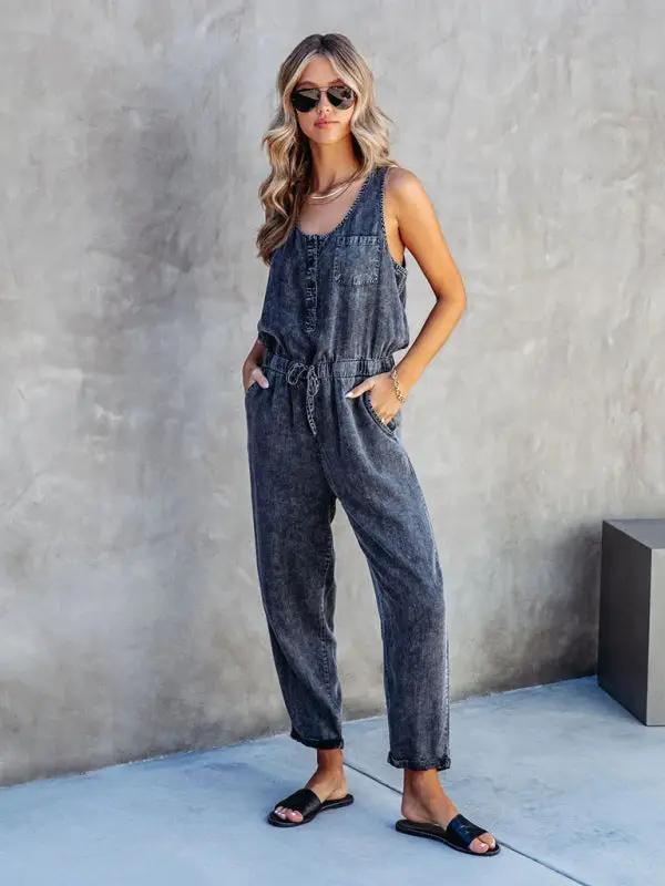 Ladies new casual style washed denim jumpsuit