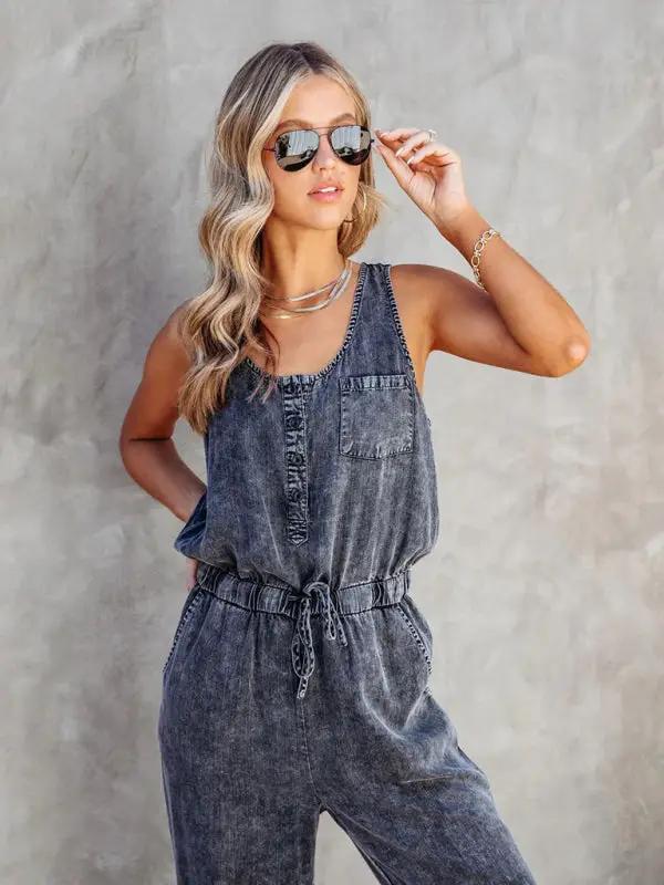 Ladies new casual style washed denim jumpsuit