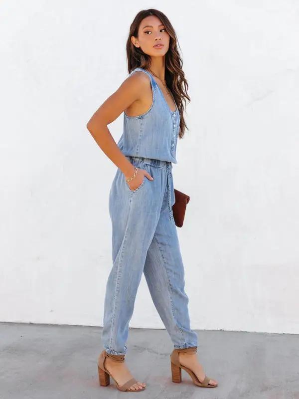 Ladies new casual style washed denim jumpsuit