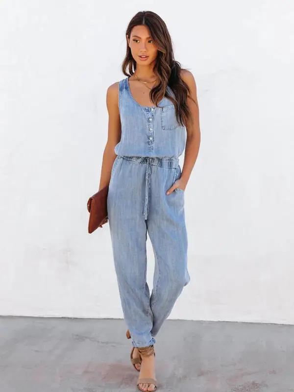 Ladies new casual style washed denim jumpsuit