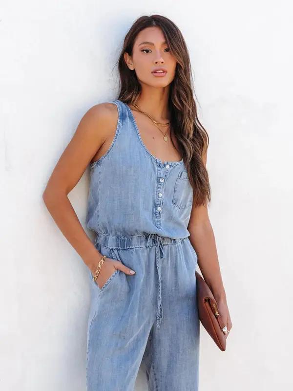 Ladies new casual style washed denim jumpsuit