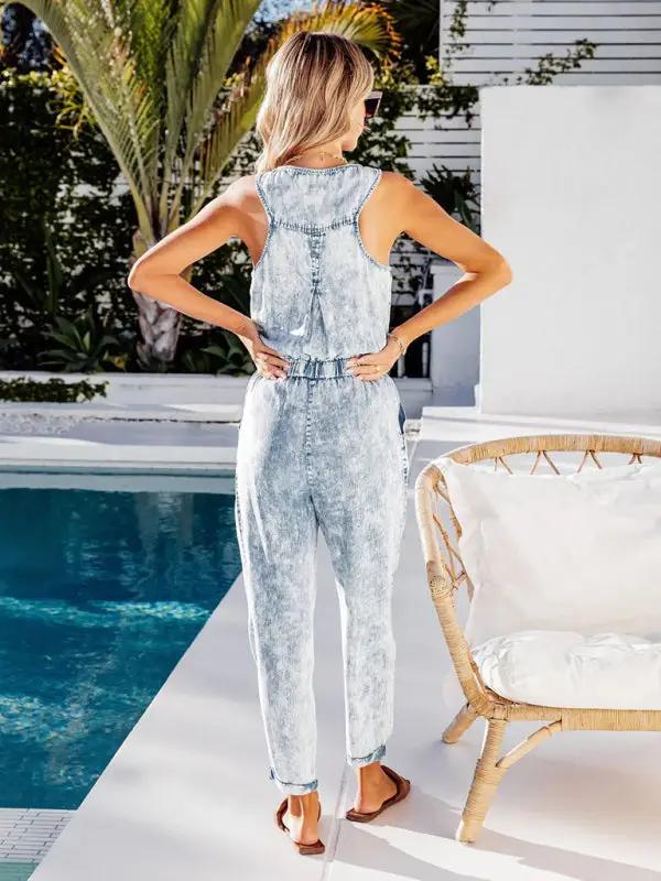 Ladies new casual style washed denim jumpsuit