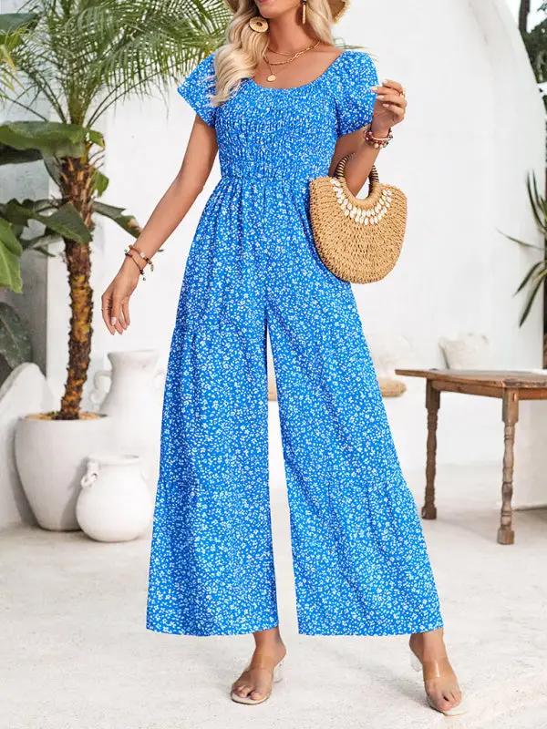 Women's small floral print round neck jumpsuit