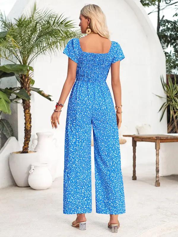 Women's small floral print round neck jumpsuit