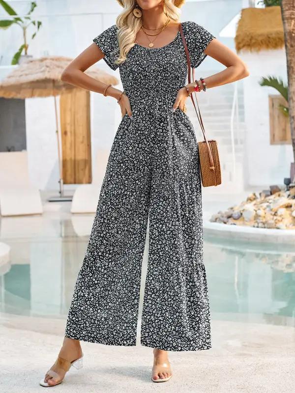 Women's small floral print round neck jumpsuit