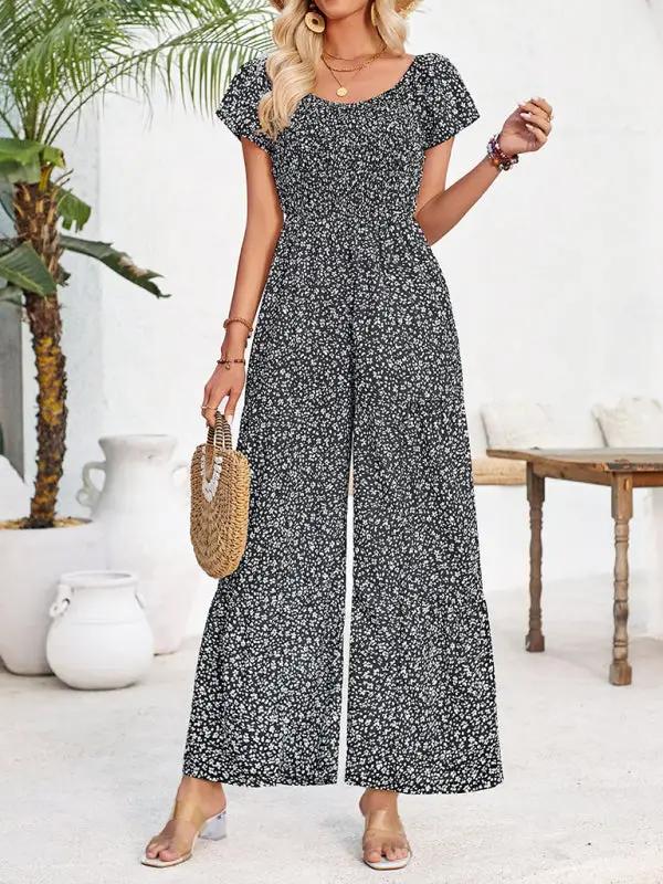 Women's small floral print round neck jumpsuit