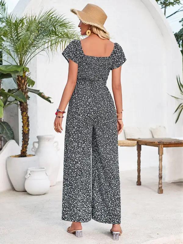 Women's small floral print round neck jumpsuit