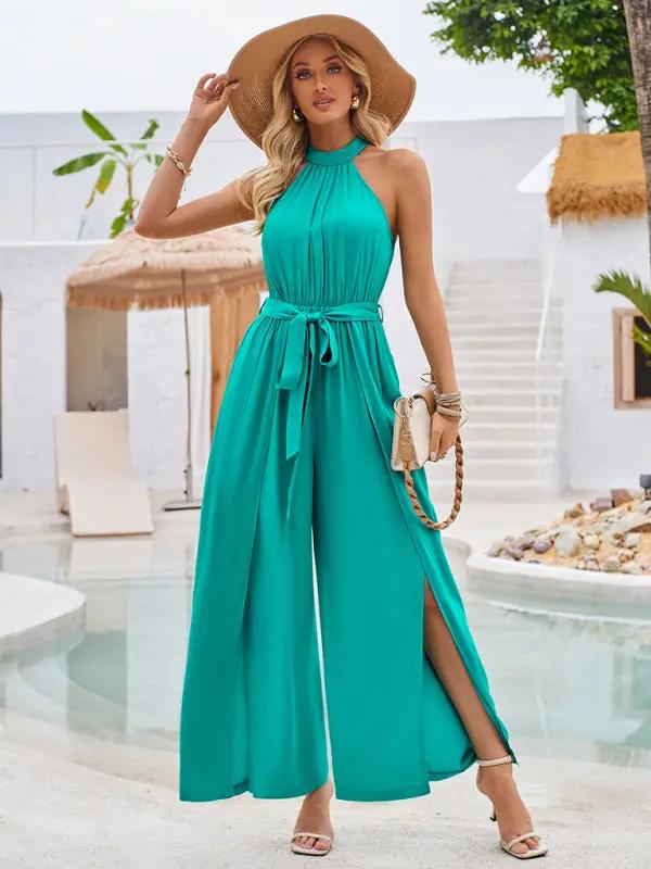 Women's solid color halterneck strappy jumpsuit