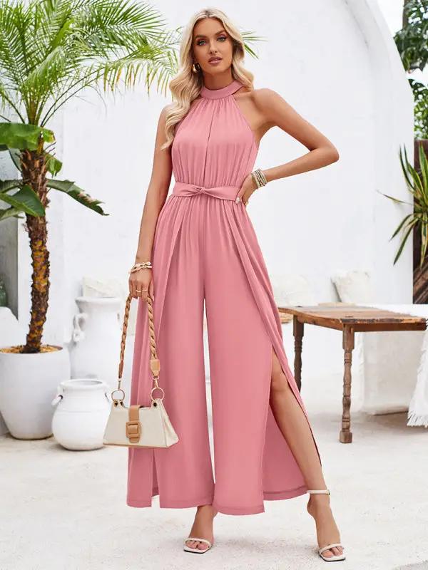 Women's solid color halterneck strappy jumpsuit