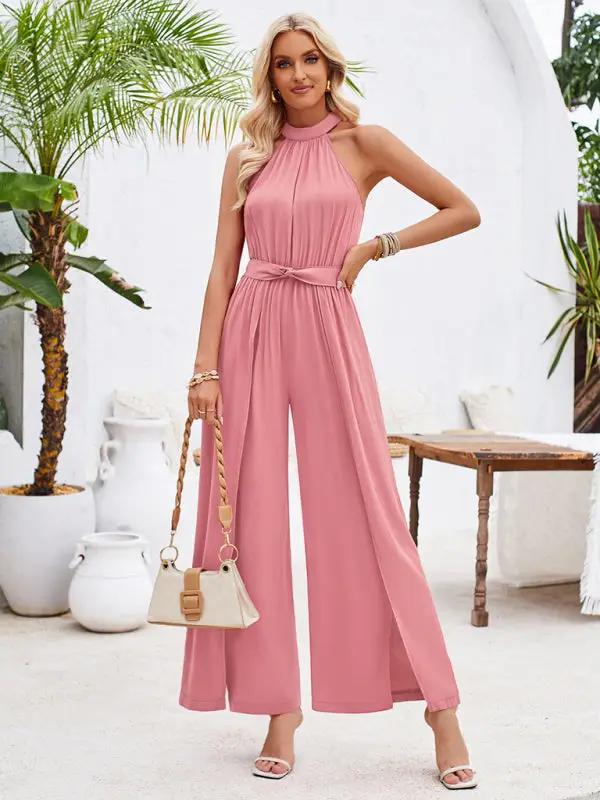 Women's solid color halterneck strappy jumpsuit