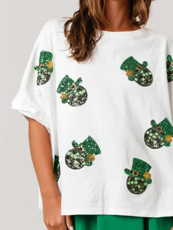 Women's St. Patrick's Hat Sequin Top Loose T-Shirt