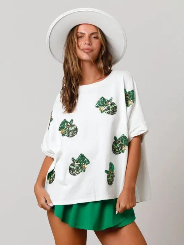 Women's St. Patrick's Hat Sequin Top Loose T-Shirt