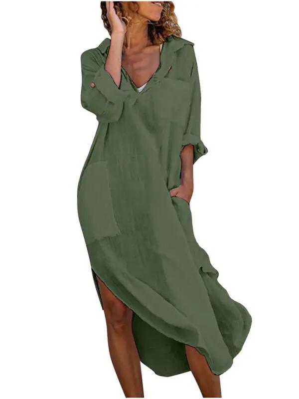 Solid color buttoned slit loose breathable casual long shirt dress